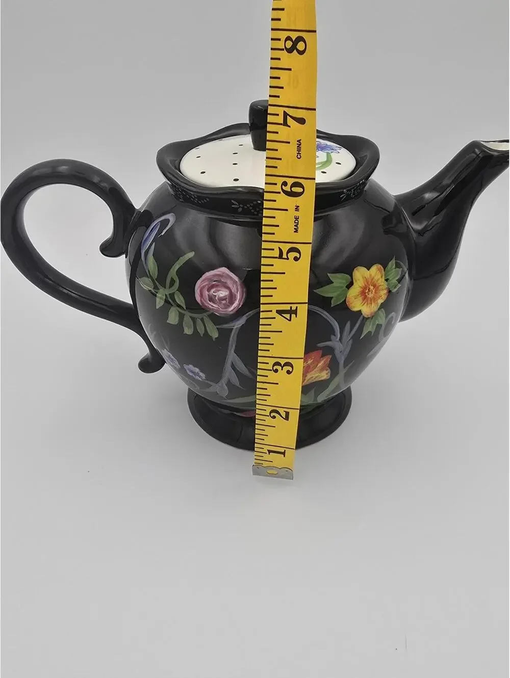 Vintage Bella Casa Ganz Black Floral Teapot Hand Painted w/ Original Sticker